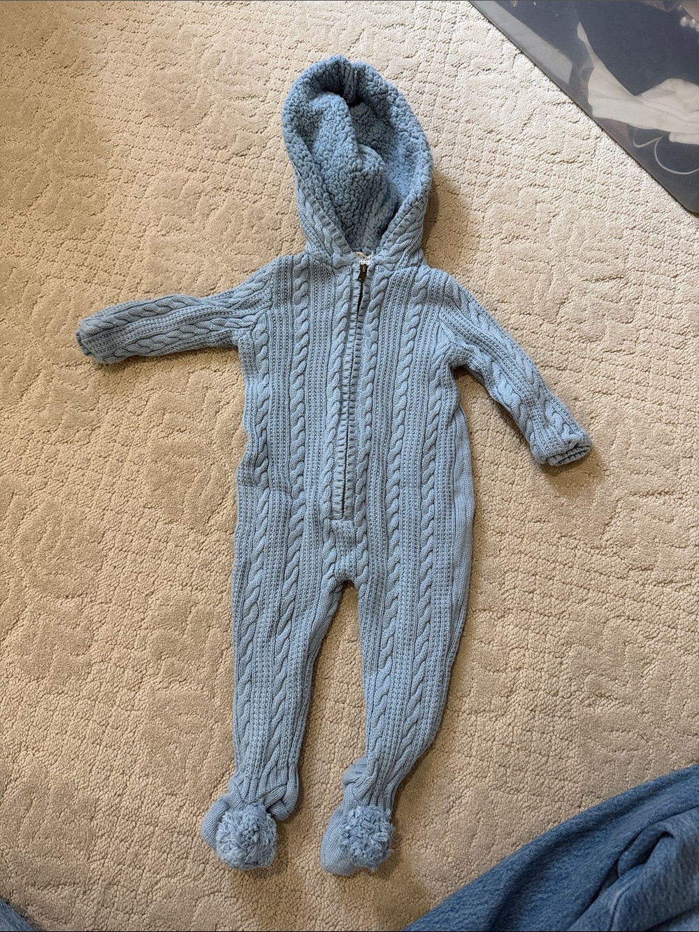 Max Studio Light Blue Cable Knit Hooded Baby One-Piece